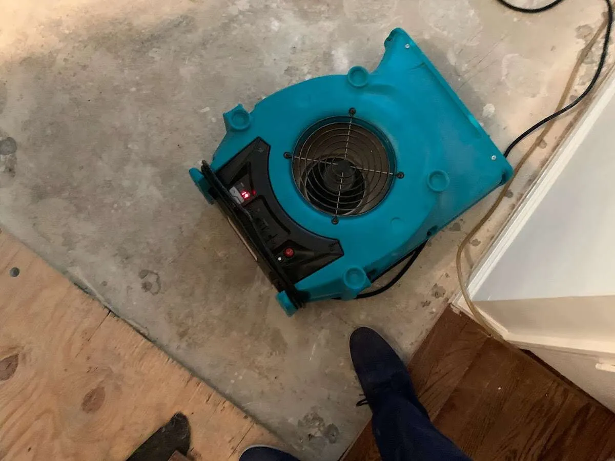 Air mover drying subfloor during Commercial Water Damage Restoration in Lake Murray of Richland